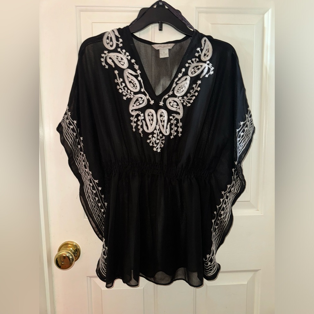 Black sheer white embroidered paisley Fun and Flirt Brand top or swim cover up